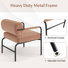 Velvet Upholstered Accent Chair with Cylindrical Backrest and Metal Armrests-Brown