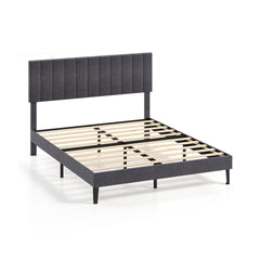 Velvet Upholstered Platform Bed with Height Adjustable Vertical Channel Headboard-Queen Size