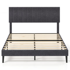Velvet Upholstered Platform Bed with Height Adjustable Vertical Channel Headboard-Queen Size