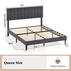 Velvet Upholstered Platform Bed with Height Adjustable Vertical Channel Headboard-Queen Size