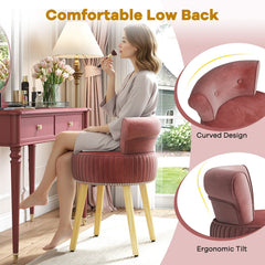 Velvet Vanity Chair with Back Upholstered Vanity Stool with Tufted Low Back and Solid Wood Legs-Pink