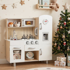 Vintage Style Wooden Play Kitchen for Kids with Water Dispenser, Clock and Cookware