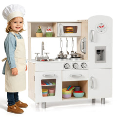 Vintage Style Wooden Play Kitchen for Kids with Water Dispenser, Clock and Cookware