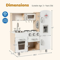 Vintage Style Wooden Play Kitchen for Kids with Water Dispenser, Clock and Cookware
