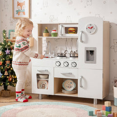 Vintage Style Wooden Play Kitchen for Kids with Water Dispenser, Clock and Cookware