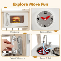 Vintage Style Wooden Play Kitchen for Kids with Water Dispenser, Clock and Cookware