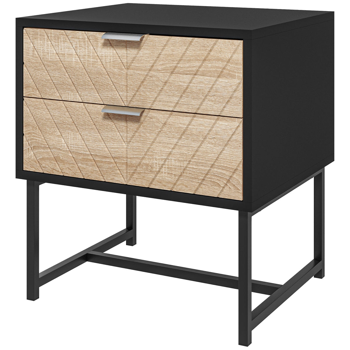 Modern Bedside Table with 2 Drawers and Steel Frame, Sofa Side Table for Bedroom Living Room, White and Oak