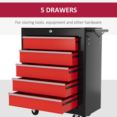 5 Drawer Roller Tool Chest, Lockable Toolbox, Storage Organizer with Handle for Workshop Mechanics Garage, Black and Red