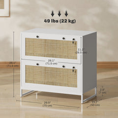 2-Drawer Filing Cabinet with Lock, Rattan File Cabinet with Adjustable Hanging Bar, Natural