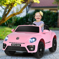 12V Licensed Volkswagen Beetle Kids Ride On Car with Four Wheel Suspension and Locking Doors, Pink