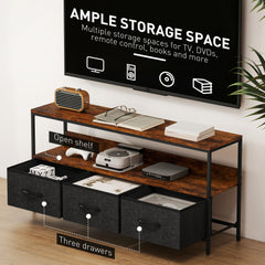 TV Stand with Charging Station, TV Table with 2 Foldable Linen Drawers and Open Shelf for 47 Inch Television, Black