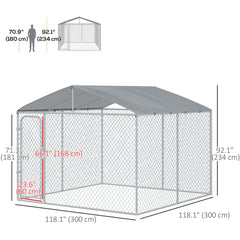 Dog Kennel Outdoor Run Fence with Roof, Steel Lock, Mesh Sidewalls for Backyard & Patio, 9.8' x 9.8' x 7.7'