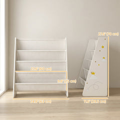 Fabric Kids Bookshelf, 4-Tier Toddler Sling Book Rack for Playroom, Bedroom, Nursery and Kids Room for Ages 3-6, White