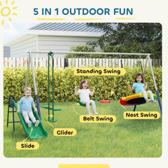 5-in-1 Kids Swing Set with Slide, Swings and Glider for Backyard, 770lbs Capacity, for Ages 3-8, Multicolour