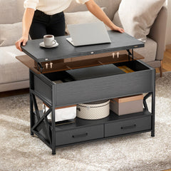Modern Coffee Table, Lift Top Center Table with Fabric Drawers and Hidden Storage for Living Room, Distressed Black