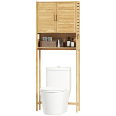 Over the Toilet Cabinet, Bathroom Organizer with 2 Doors, Open Compartment and Adjustable Shelf, Natural Wood Finish