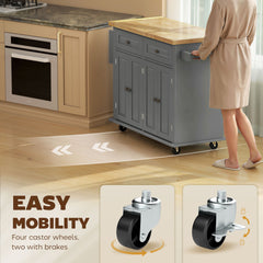 Kitchen Island with Storage, Rolling Trolley Cart with Rubber Wood Top, Spice Rack, Towel Rack, Brown Oak