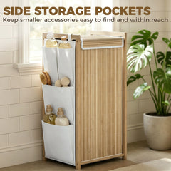 Bamboo Laundry Hamper with Removable Drawstring Bag and Side Storage Pockets, 20 Gal, Natural