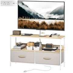 TV Stand with Charging Station, TV Table with 2 Foldable Linen Drawers and Open Shelf for 47 Inch Television, Black