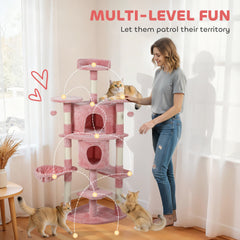 62" Cat Tree with Scratching Post, 2 Condos, Hammock, Perches, Plush, Pompoms, for Indoor Cats, Beige