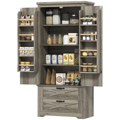 Farmhouse Kitchen Pantry Storage Cabinet, 64" Freestanding Kitchen Pantry Cabinet with Drawers, Distressed Black