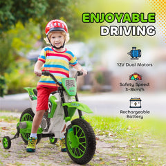 Kids Dirt Bike 12V Battery-Powered Ride-On Electric Motorcycle with Charging Battery, Training Wheels Blue