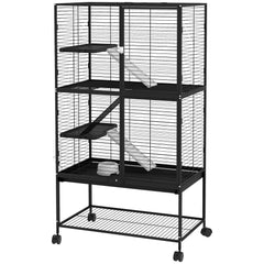 Rolling Small Animal Cage 34"H Chinchilla Cage for Ferrets, Squirrels w/ Removable Tray, Storage Shelf, Black
