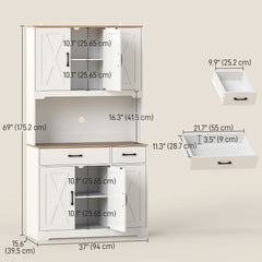 Tall Kitchen Pantry, 6 Doors, 2 Drawers, Adjustable Shelves & Worktop, Rustic Storage Cabinet for Living Room White