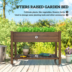 Mobile Raised Garden Bed Elevated Wood Planter Box with Lockable Wheels, Storage Shelf for Herbs Vegetables, Natural