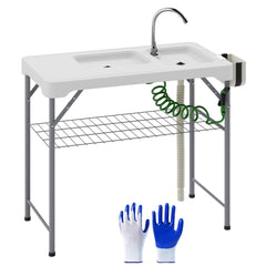 Folding Fish Cleaning Table with Sinks, Camping Sink with Faucet Drainage Hose Sprayer Shelf, Grey