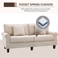 Modern 3 Seater Sofa, Corduroy Fabric 3 Seater Couch with Pine Wood Legs and Rolled Armrests for Living Room, Beige