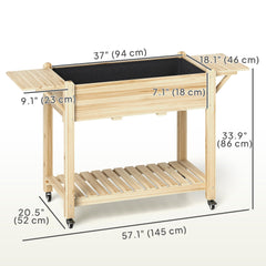 Raised Garden Bed, Wood Planter Box with Lockable Wheels, Side Tables, Bottom Shelf, Bed Liner, Drain Holes, Natural