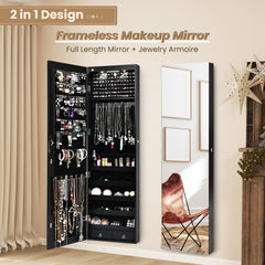 Wall And Door Mounted Mirrored Jewelry Cabinet With Lights-Black