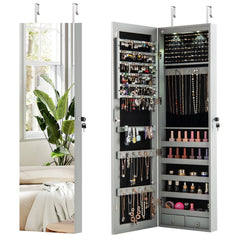 Wall and Door Mounted Mirrored Jewelry Cabinet with Lights-Gray