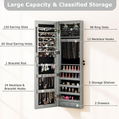 Wall and Door Mounted Mirrored Jewelry Cabinet with Lights-Gray