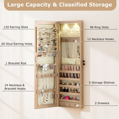 Wall and Door Mounted Mirrored Jewelry Cabinet with Lights-Natural