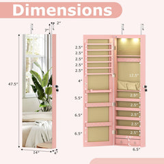 Wall and Door Mounted Mirrored Jewelry Cabinet with Lights-Pink