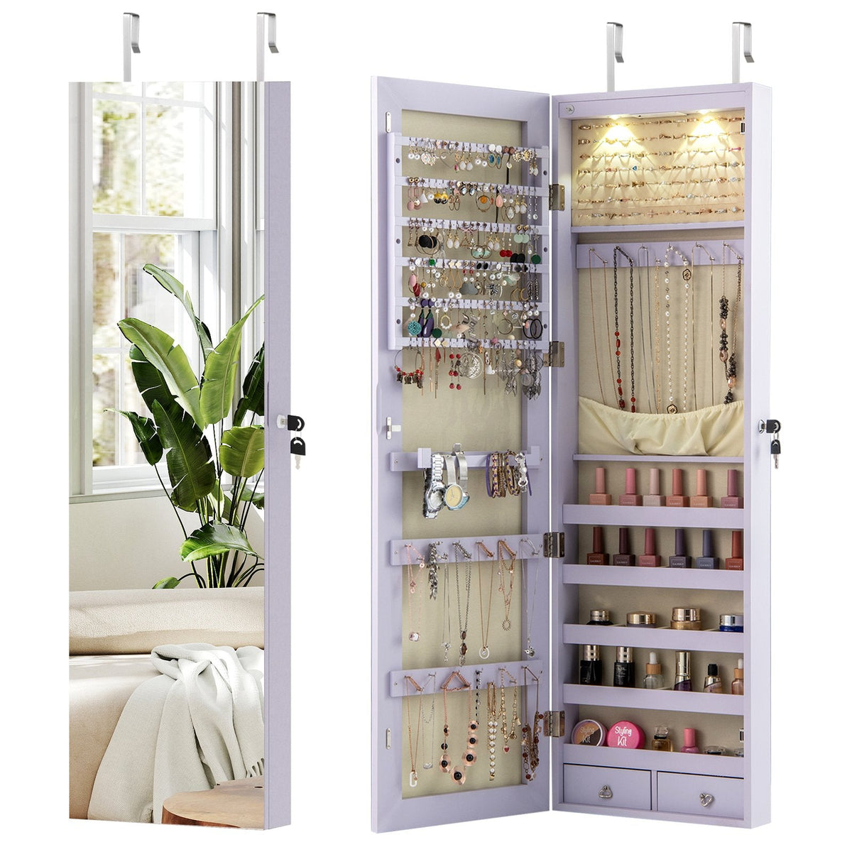 Wall and Door Mounted Mirrored Jewelry Cabinet with Lights-Purple