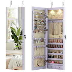 Wall and Door Mounted Mirrored Jewelry Cabinet with Lights-Purple
