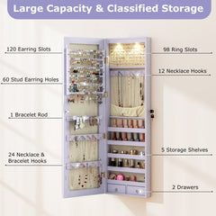 Wall and Door Mounted Mirrored Jewelry Cabinet with Lights-Purple