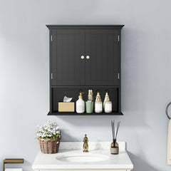 Wall Mount Bathroom Cabinet Storage Organizer with Doors and Shelves-Black