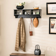 Wall Mount Cubby Organizer Hooks Entryway Storage Shelf-Black