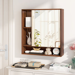Wall Mounted, Bathroom Cabinet with Mirror Single Door-Walnut