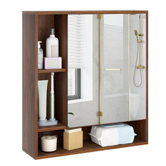 Wall Mounted, Bathroom Cabinet with Mirror Single Door-Walnut