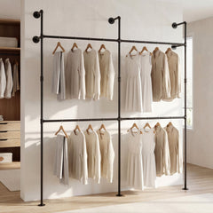 Wall Mounted Pipe Clothing Rack with 4 Hanging Rods-Black