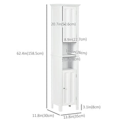 Bathroom Cabinet, Freestanding Linen Cabinet with Open Shelves, 13.8" x 11.8" x 62.4", White