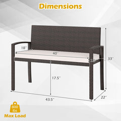 Wicker 2-Seat Bench with Soft Seat Cushion and Metal Frame-White