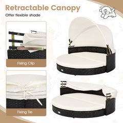 Wicker Dog House with Retractable Canopy & Removable Cushion for Small Medium Dogs-White