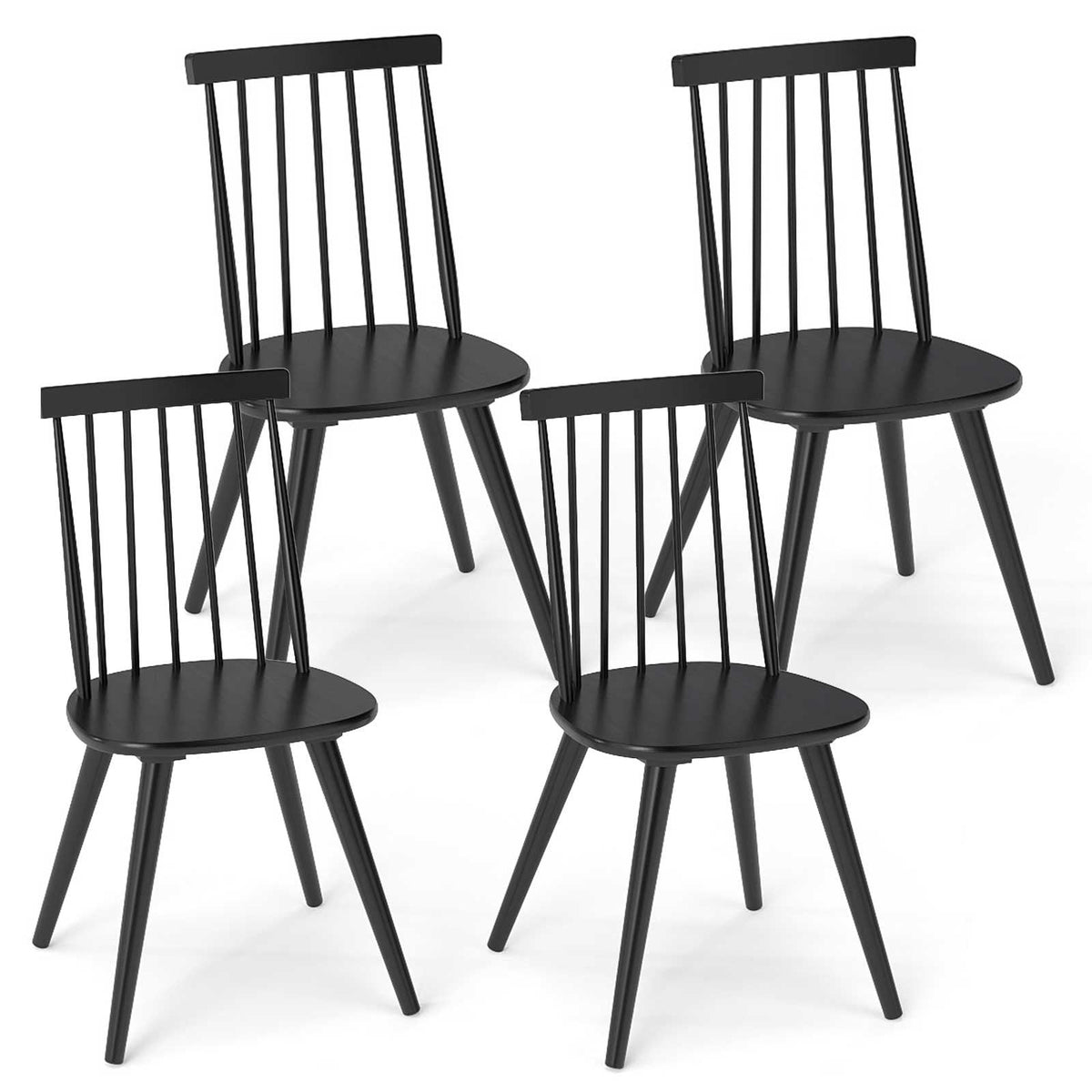 Set of 4 Windsor Dining Chairs with Seven Spindle Harp Back, Black