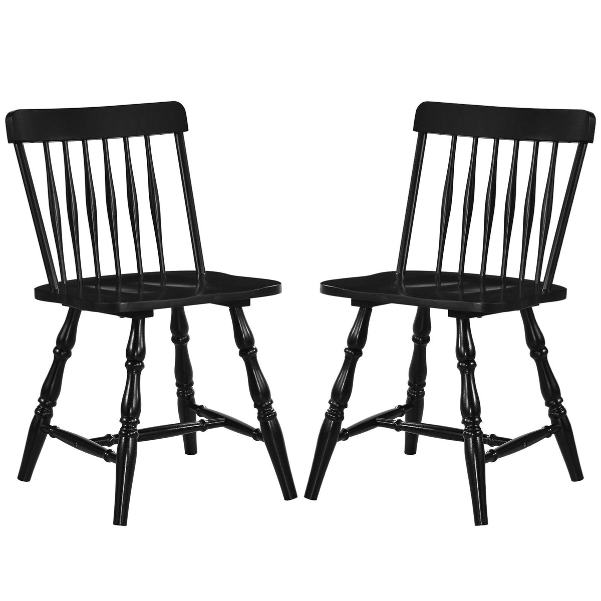 Set of 2 Windsor Dining Chairs with Curved Spindle Back and Turned Legs, Black